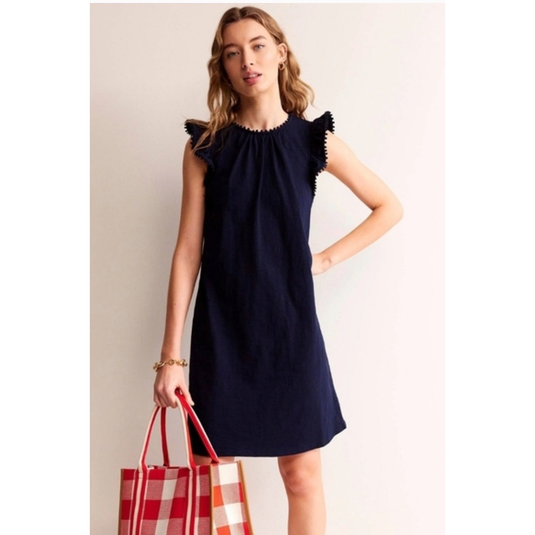 Boden Georgina Pom Ruffle Dress D1002 Navy Blue Us 14r Uk 18r Travel Casual Nwt